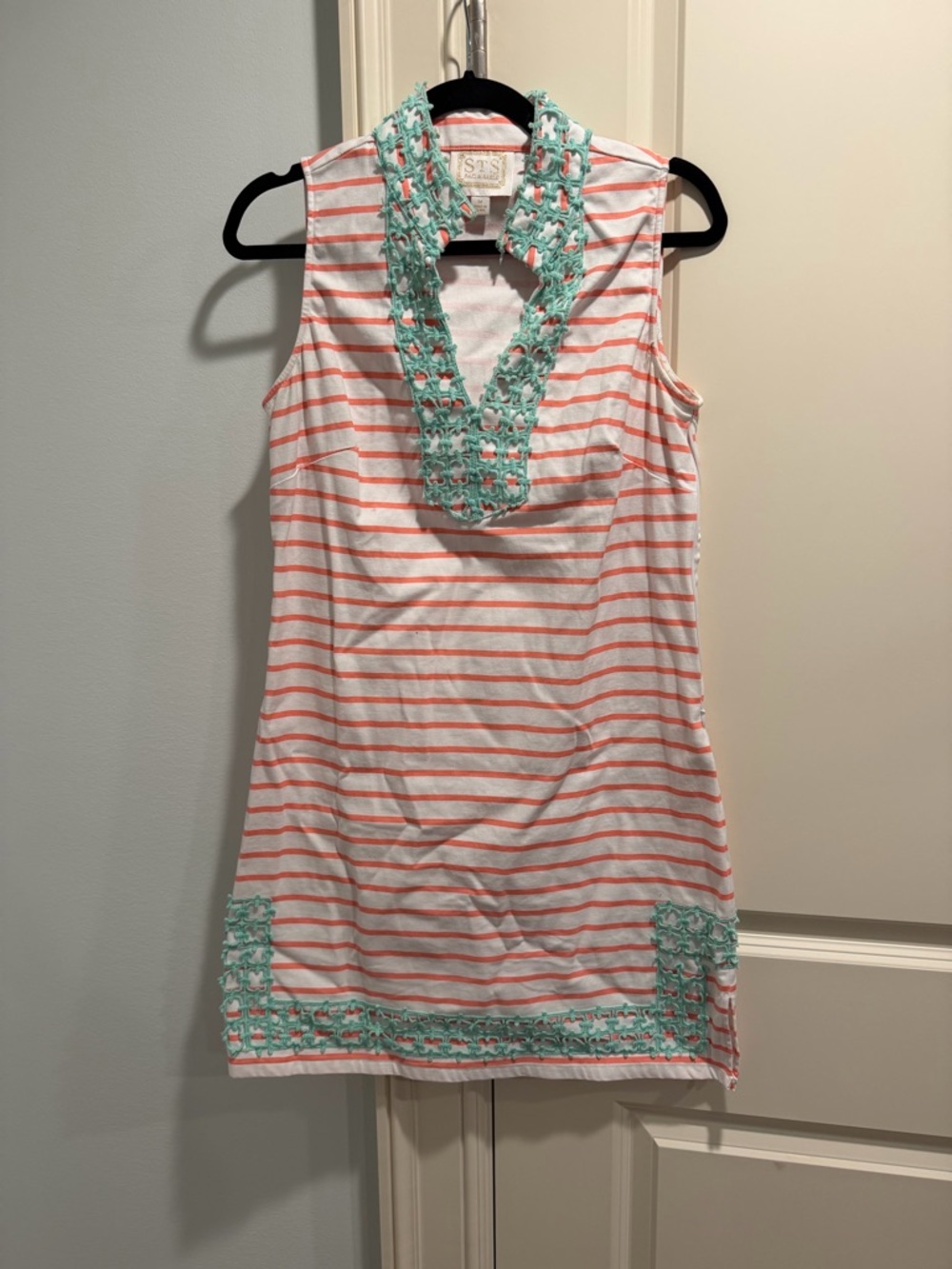 Sail to Sable White and Coral Striped Sleeveless Dress with Mint Crochet Trim